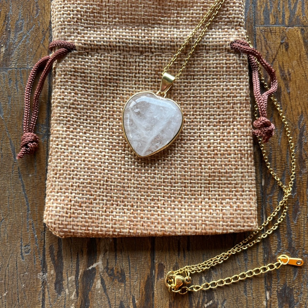 Gold plated Clear Quartz Crystal Heart with gold plated Stainless Steel Chain
